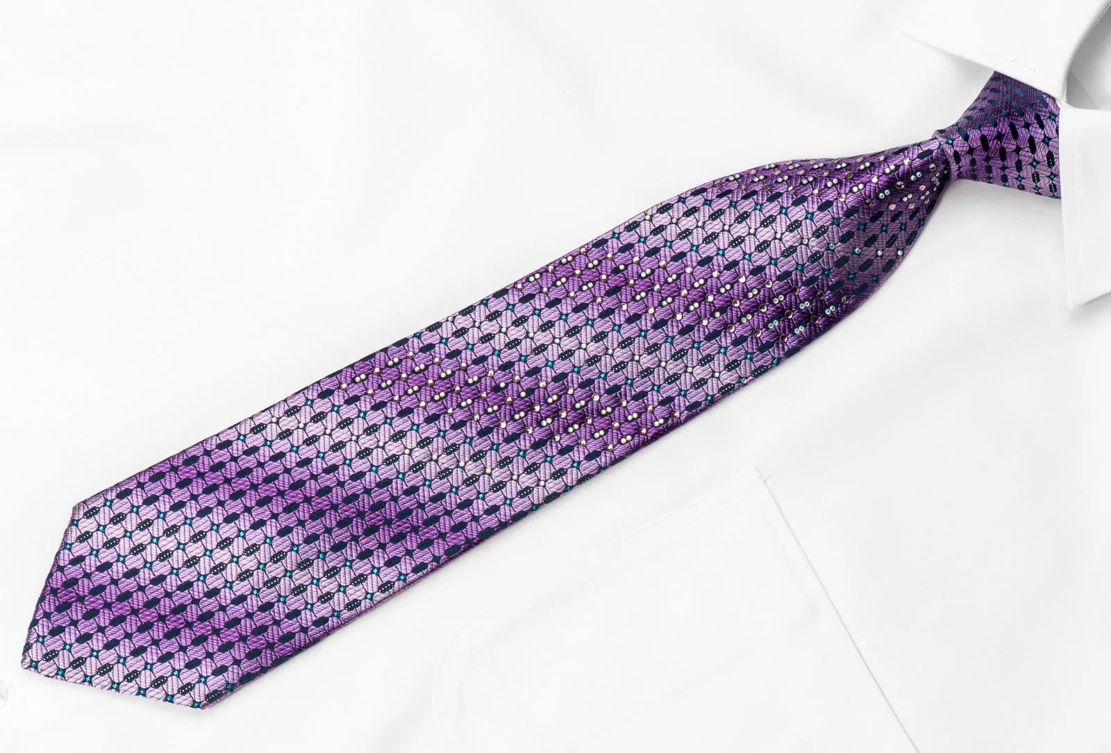 Elle Homme Men's Crystal Tie Geometric On Purple Silk With Blue Sparkles - Image 3