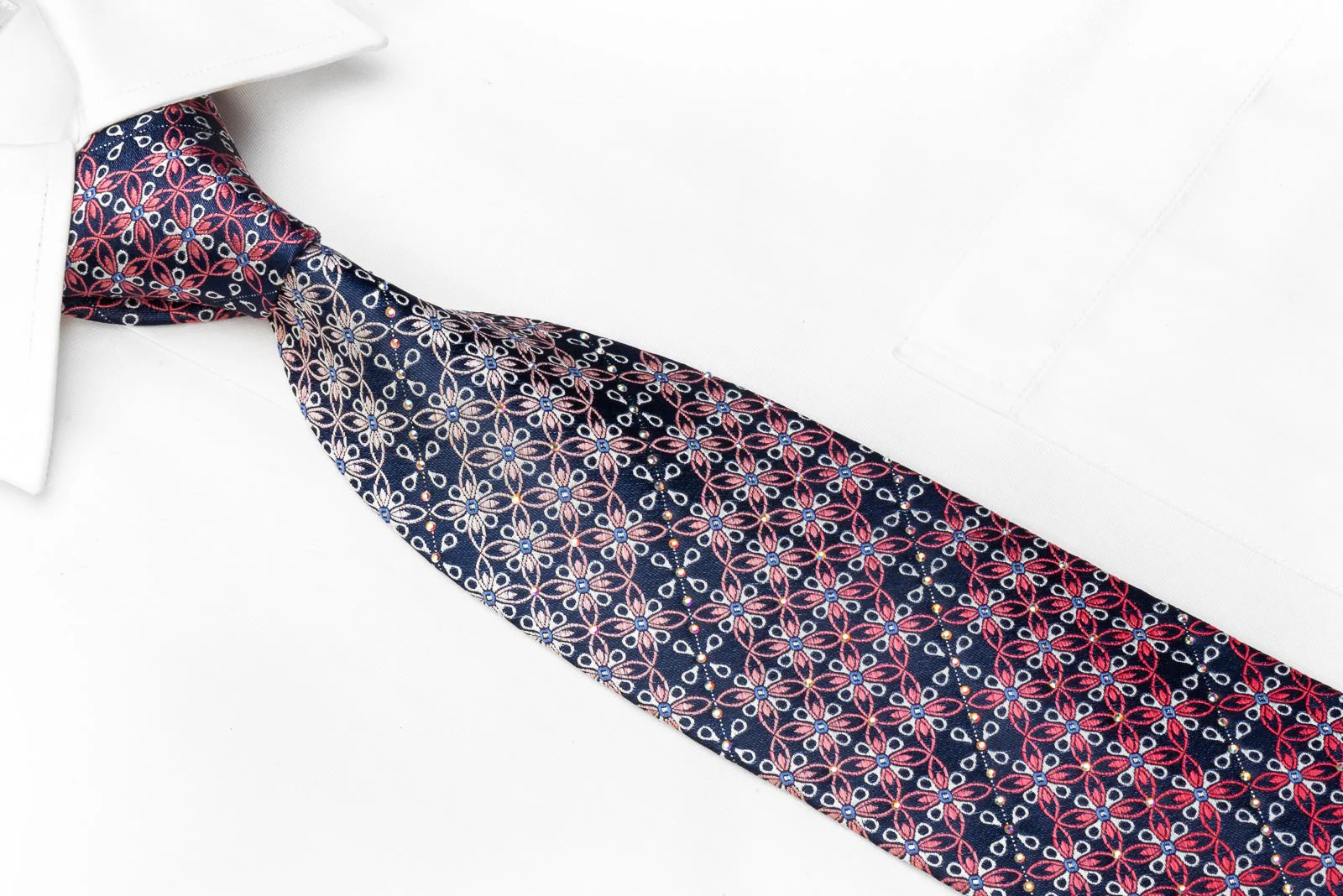 Elle Homme Men's Rhinestone Silk Necktie Silver Pink Geometric On Navy With Sparkles - Image 2