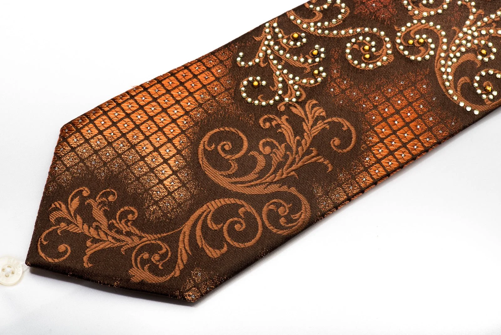 Elle Homme Men's Rhinestone Silk Tie Orange Scrolls On Brown With Silver Sparkles - Image 2