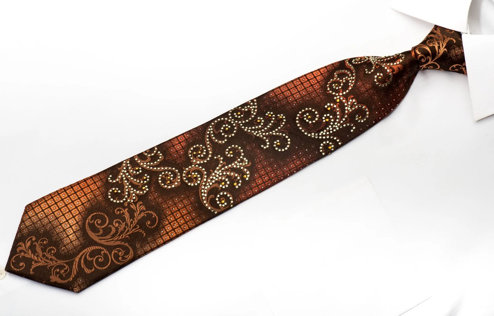 Elle Homme Men's Rhinestone Silk Tie Orange Scrolls On Brown With Silver Sparkles - Image 3