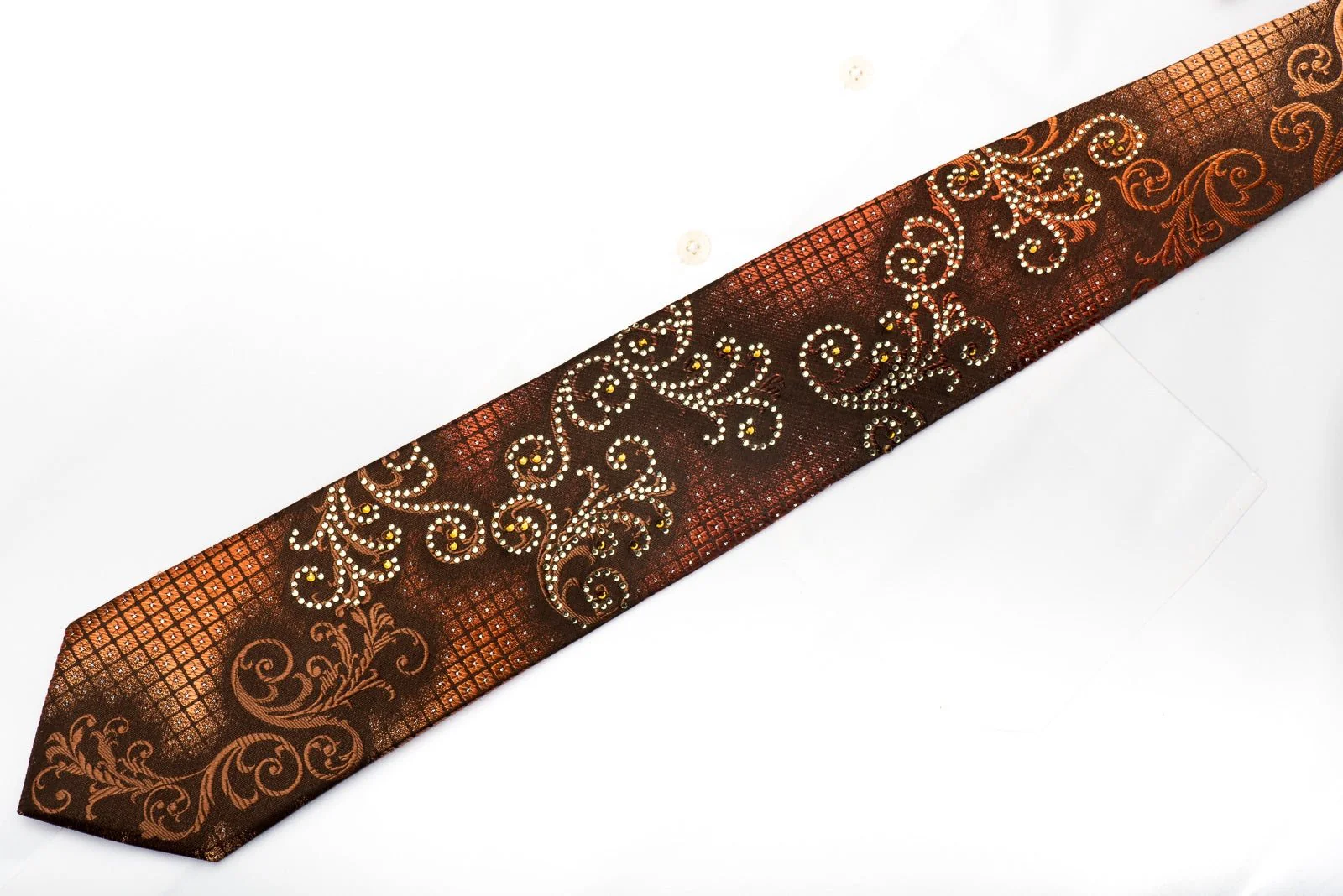 Elle Homme Men's Rhinestone Silk Tie Orange Scrolls On Brown With Silver Sparkles - Image 4