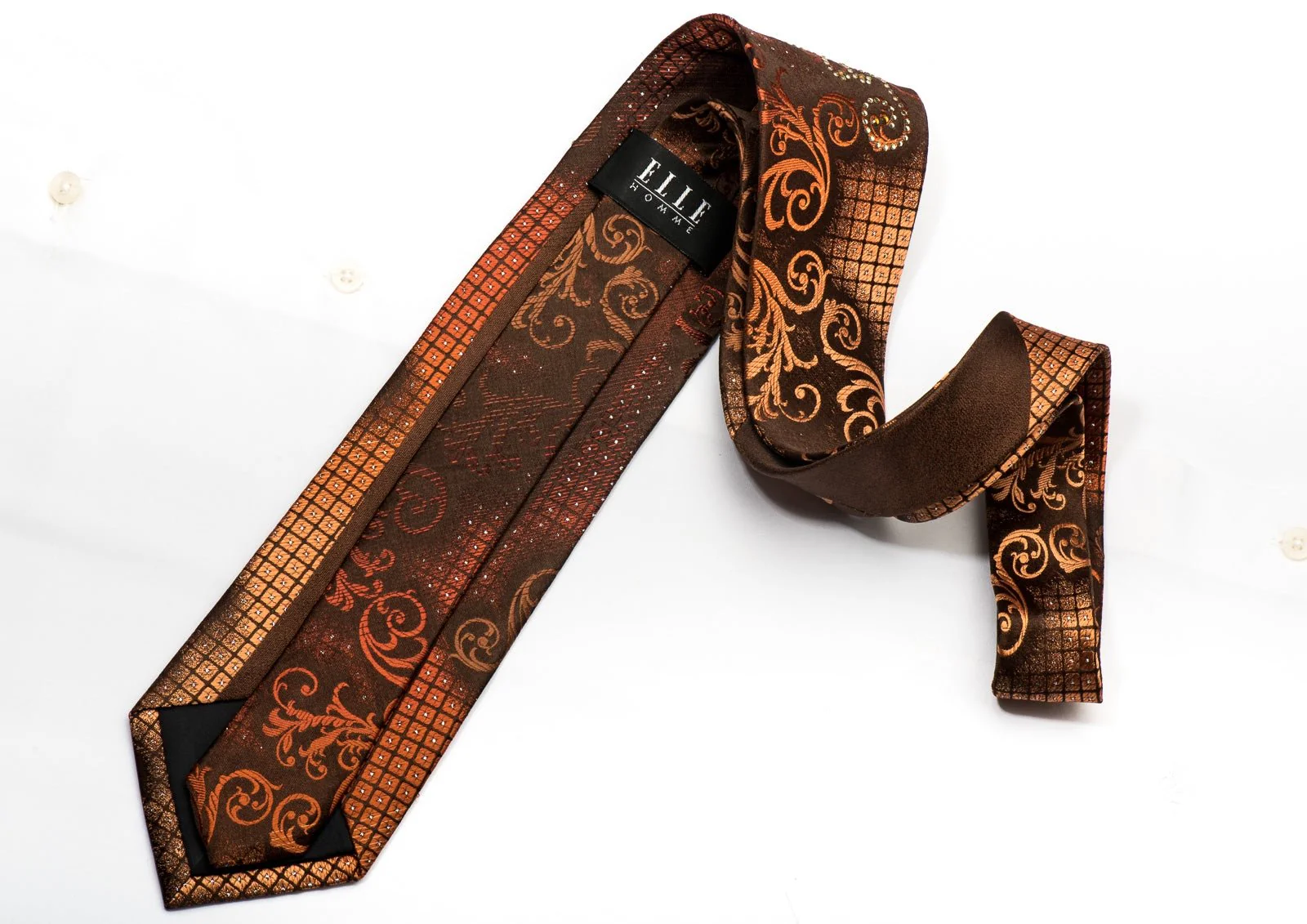 Elle Homme Men's Rhinestone Silk Tie Orange Scrolls On Brown With Silver Sparkles - Image 5