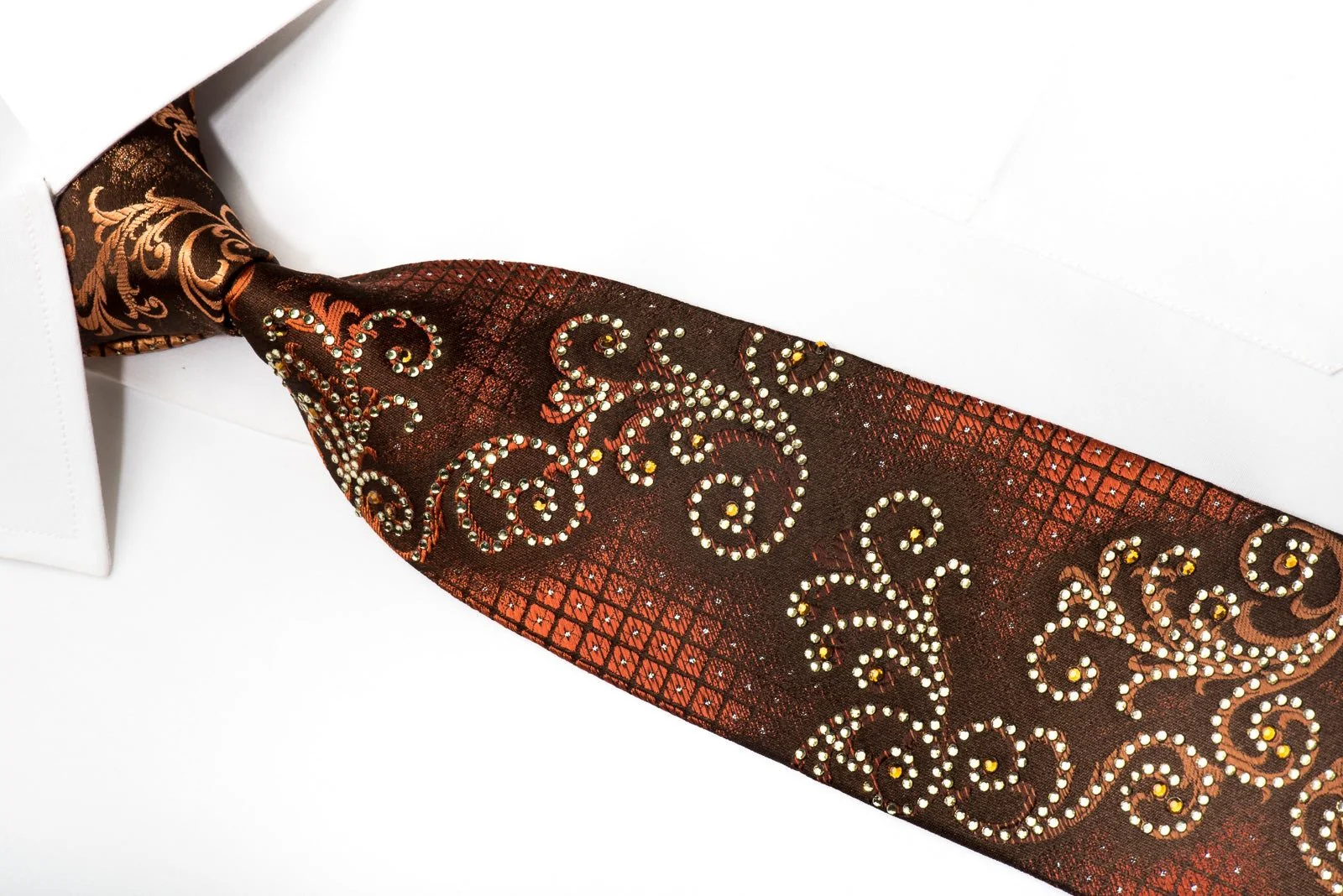 Elle Homme Men's Rhinestone Silk Tie Orange Scrolls On Brown With Silver Sparkles - Image 6