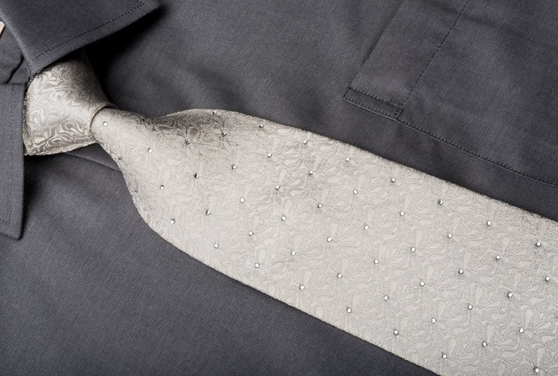 Elle Homme Men's Silk Necktie Sparkling Rhinestones On Ivory White Woven Silk - Image 5