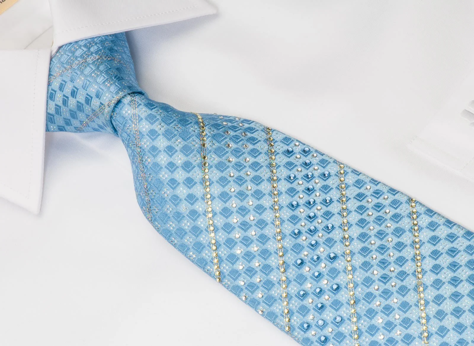 Elle Homme Men's Silk Necktie Striped Rhinestones On Blue With Silver Sparkles - Image 2
