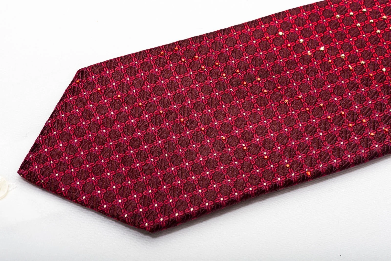 Elle Homme Men's Silk Necktie Trellis On Burgundy Sparkling With Rhinestones - Image 3
