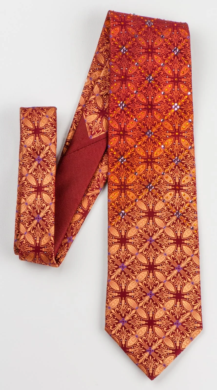 Elle Homme Men's Silk Rhinestone Necktie Orange Fleur De Lis Motif On Burgundy With Sparkles - Image 7