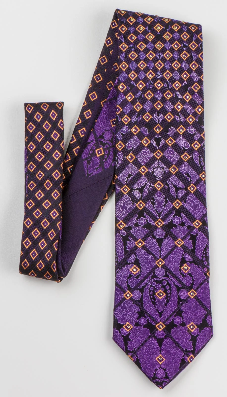 Elle Homme Men's Silk Rhinestone Tie Damask & Geometric On Purple Necktie - Image 2