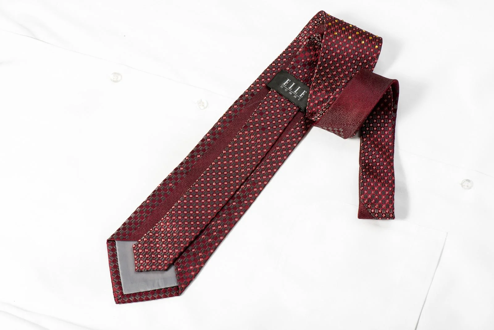 Elle Homme Mens Crystal Silk Tie Burgundy Silver Gray Checkered With Silver Sparkles - Image 4