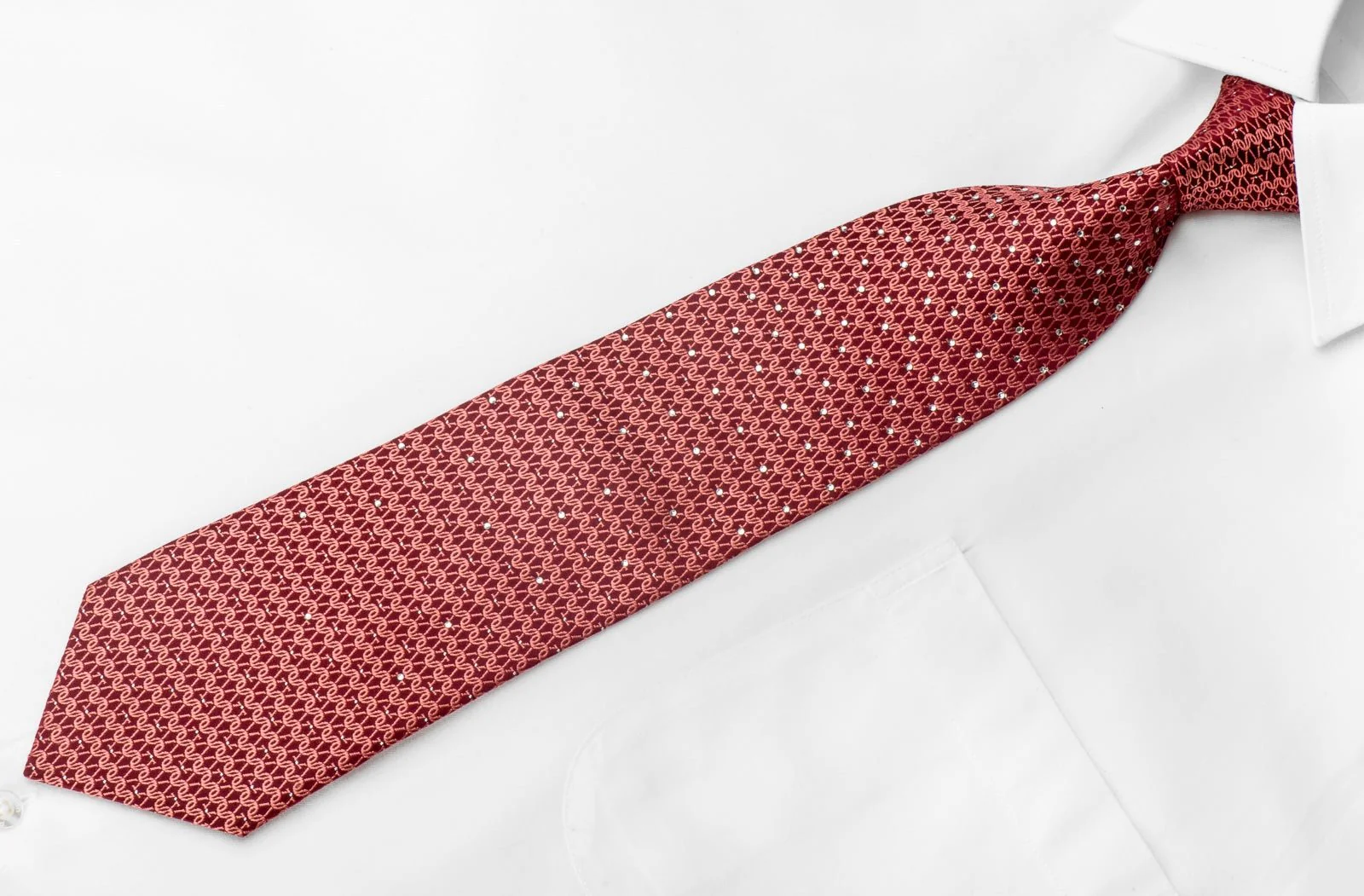 Elle Homme Mens Crystal Silk Tie Chainmail On Red With Silver Sparkles - Image 2