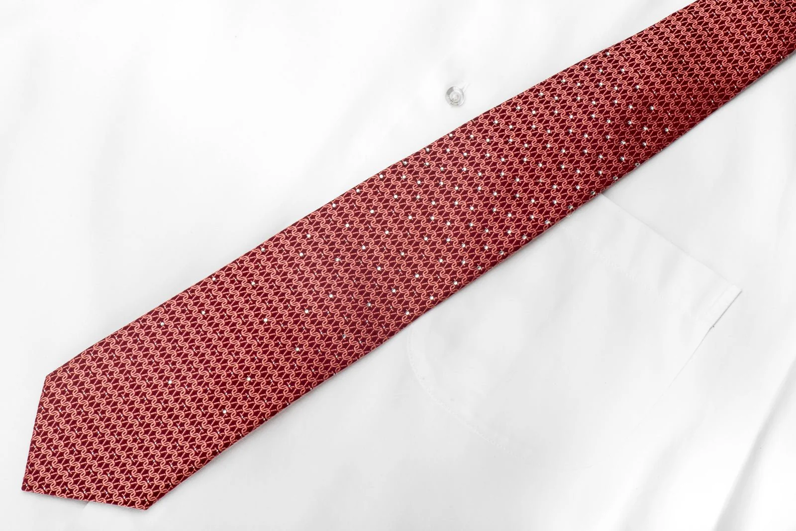 Elle Homme Mens Crystal Silk Tie Chainmail On Red With Silver Sparkles - Image 3