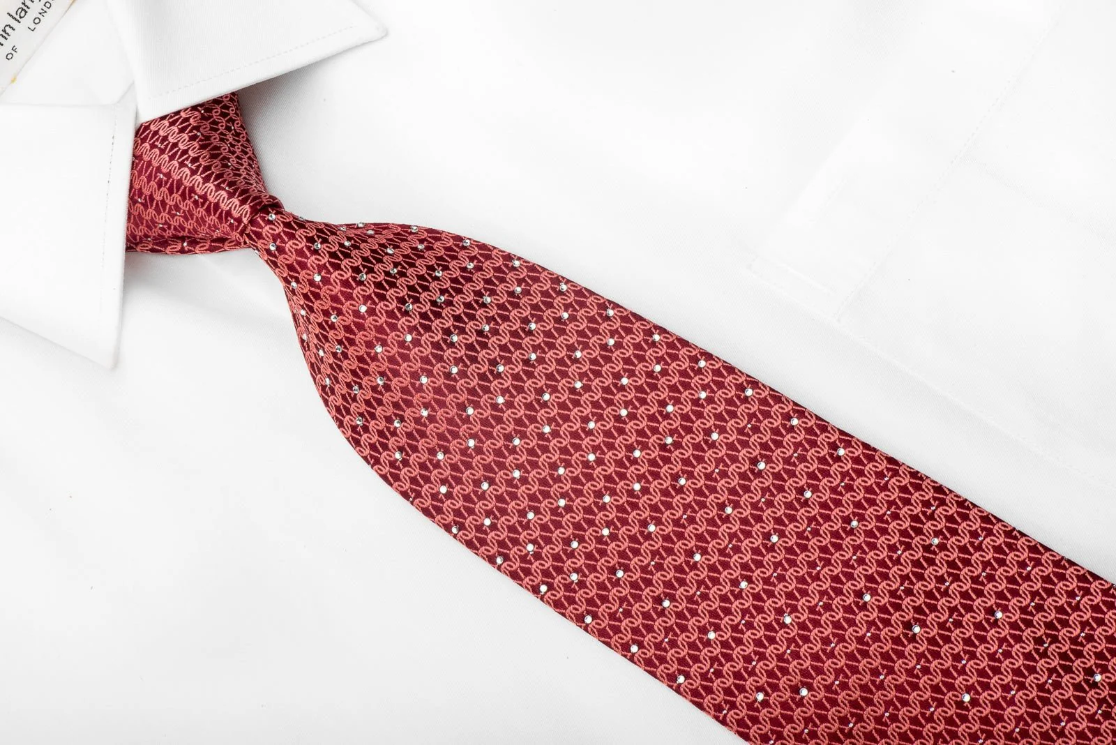 Elle Homme Mens Crystal Silk Tie Chainmail On Red With Silver Sparkles - Image 4