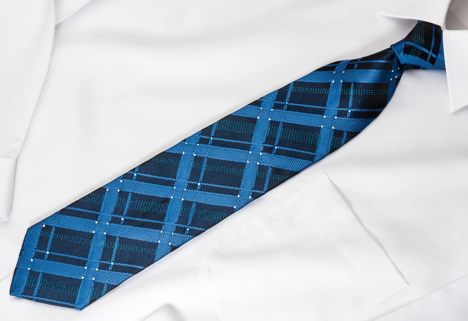 Elle Homme Rhinestone Silk Necktie Checkered On Blue With Blue Silver Sparkles - Image 5