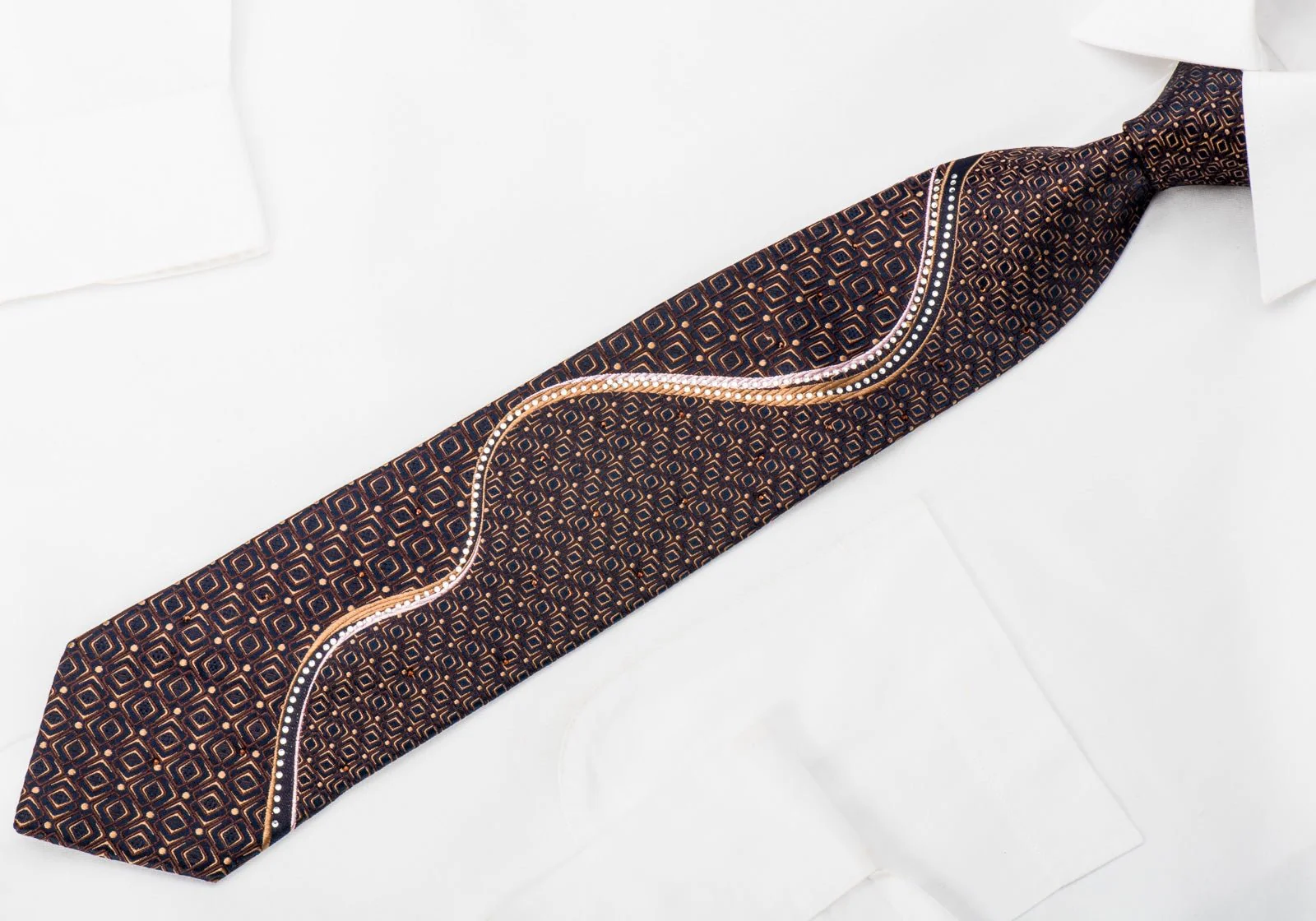 Elle Homme Mens Rhinestone Silk Necktie Orange Wave & Geometric On Navy - Image 3