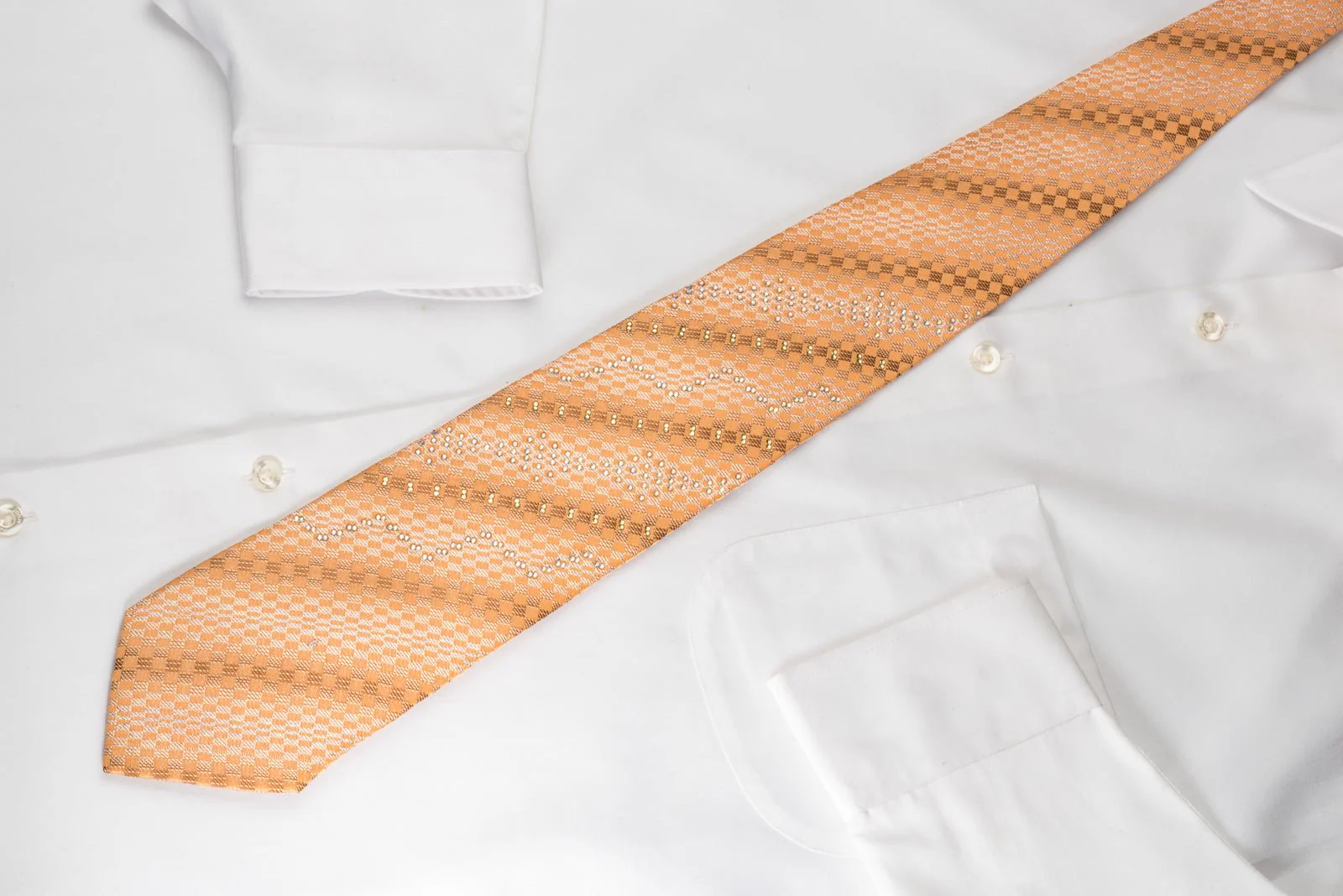 Elle Homme Rhinestone Silk Necktie Silver Checkered On Orange With Silver Sparkles - Image 5