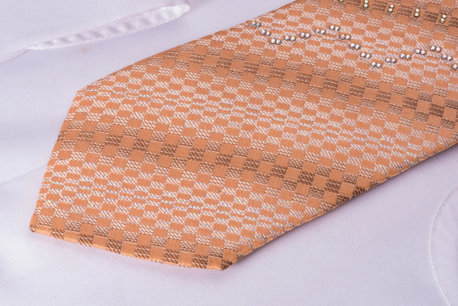 Elle Homme Rhinestone Silk Necktie Silver Checkered On Orange With Silver Sparkles - Image 6