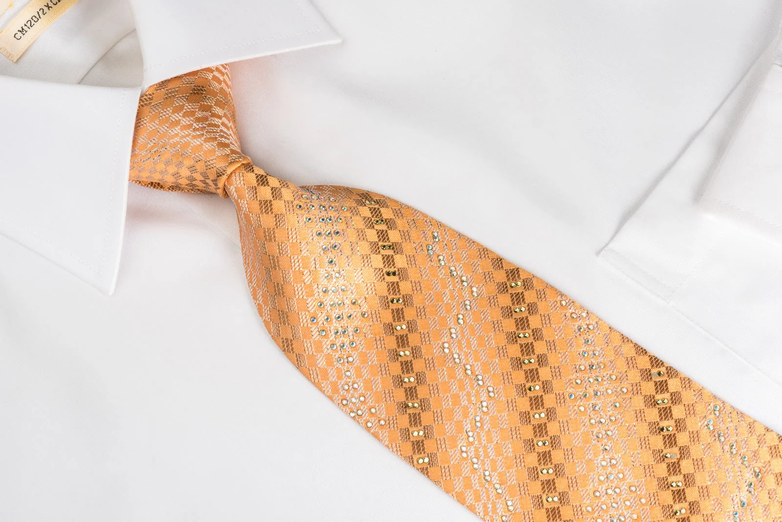 Elle Homme Rhinestone Silk Necktie Silver Checkered On Orange With Silver Sparkles - Image 8