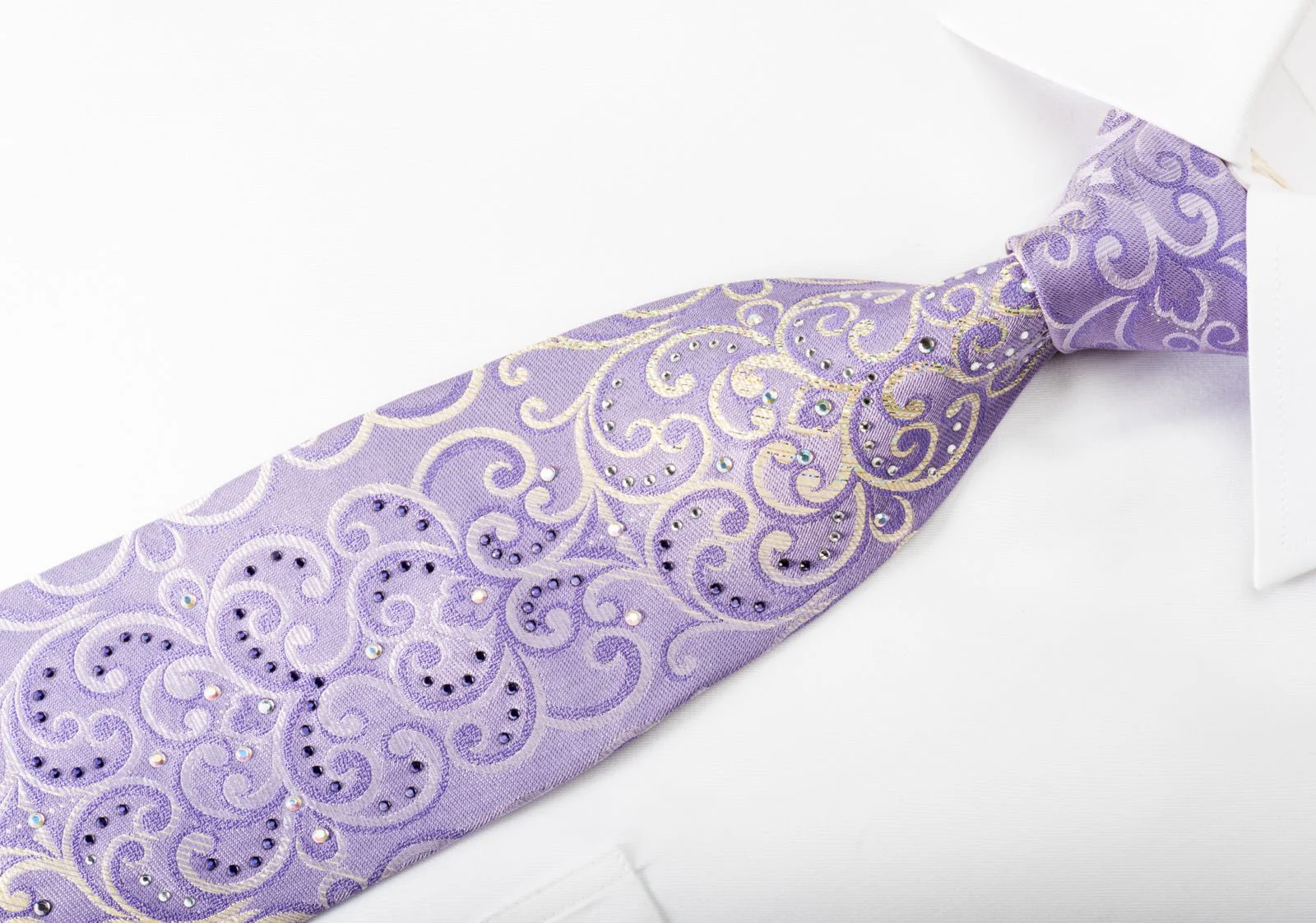 Elle Homme Rhinestone Silk Necktie Silver Damask On Purple With Silver Sparkles - Image 2