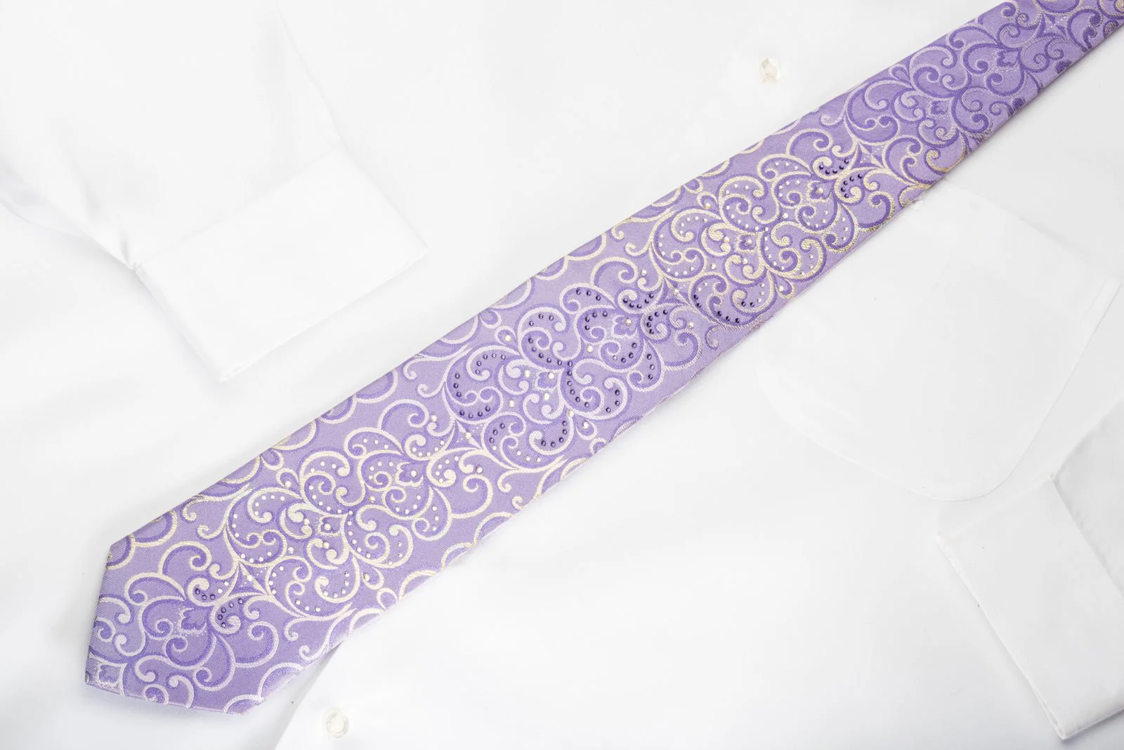 Elle Homme Rhinestone Silk Necktie Silver Damask On Purple With Silver Sparkles - Image 4