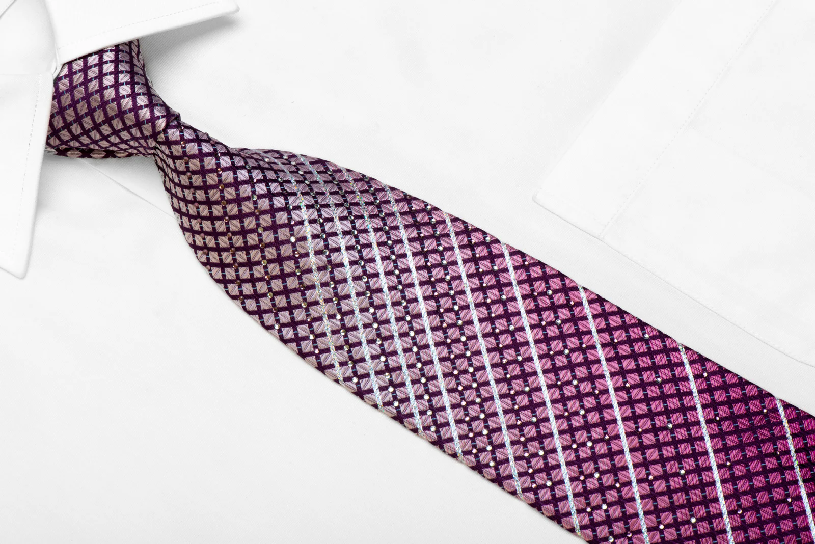Elle Homme Rhinestone Silk Necktie Silver Striped Checkered On Purple With Sparkles - Image 2