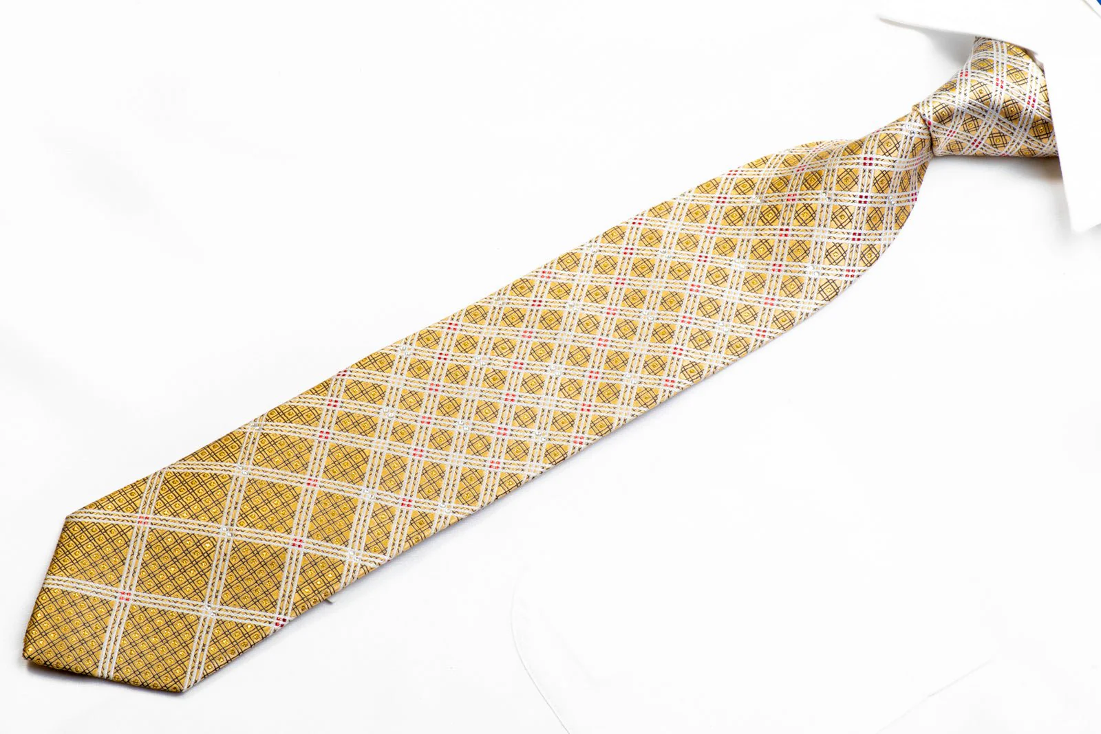 Elle Homme Rhinestone Silk Necktie Silver Trellis On Gold With Sparkles - Image 3