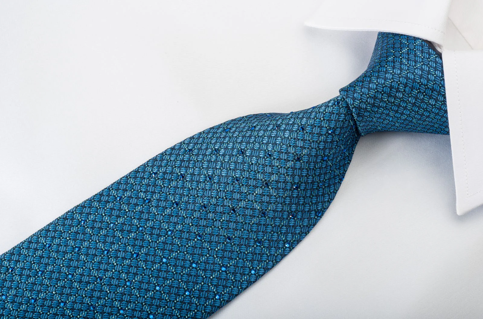 Elle Homme Rhinestone Silk Necktie Trellis & Dots On Blue With Sparkles - Image 4