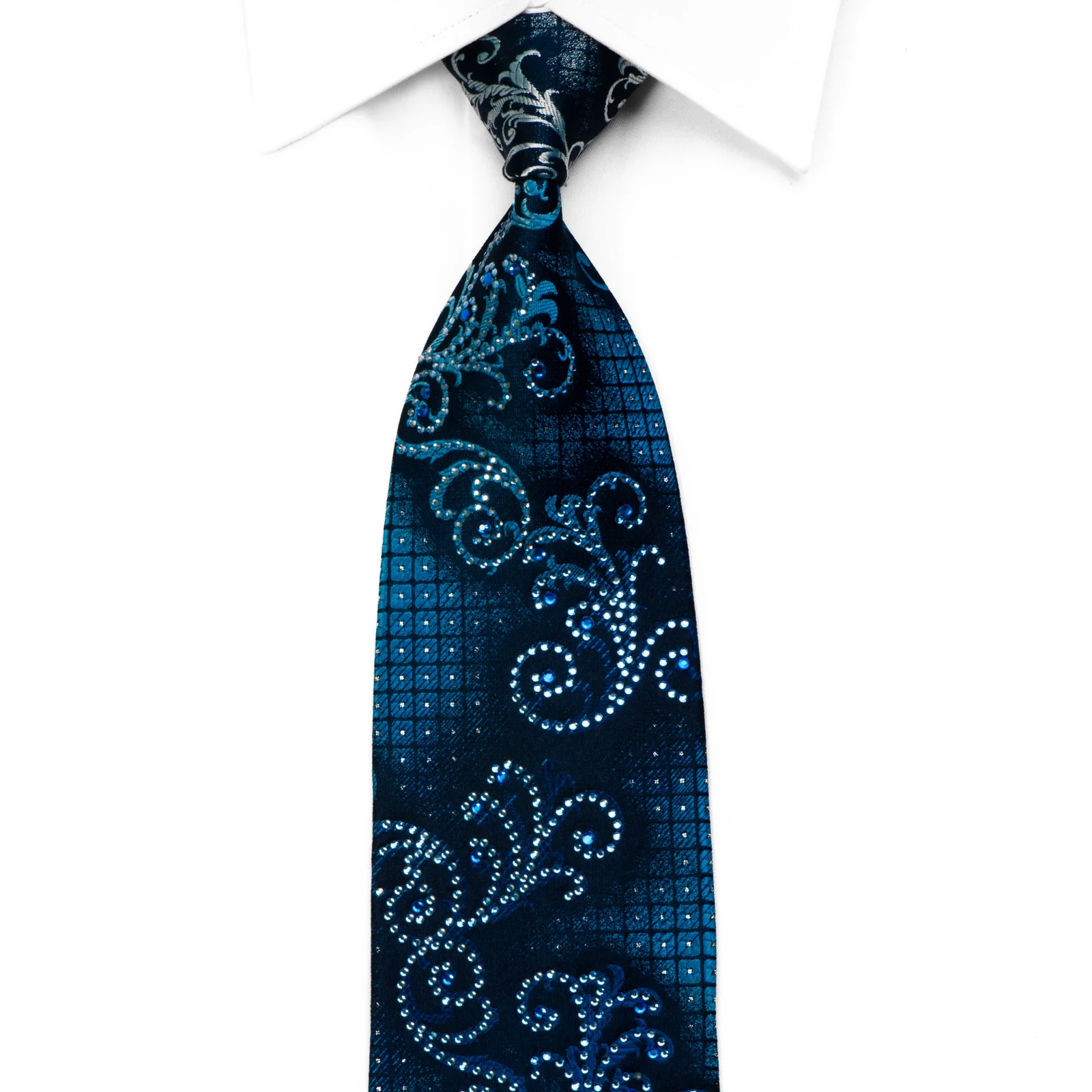 Rhinestone Silk Tie Acanthus Scrolls On Navy With Sparkles