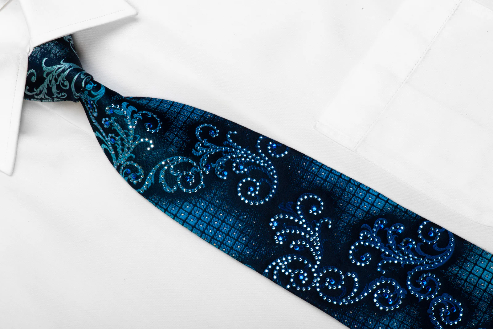 Rhinestone Silk Tie Acanthus Scrolls On Navy With Sparkles - Image 2