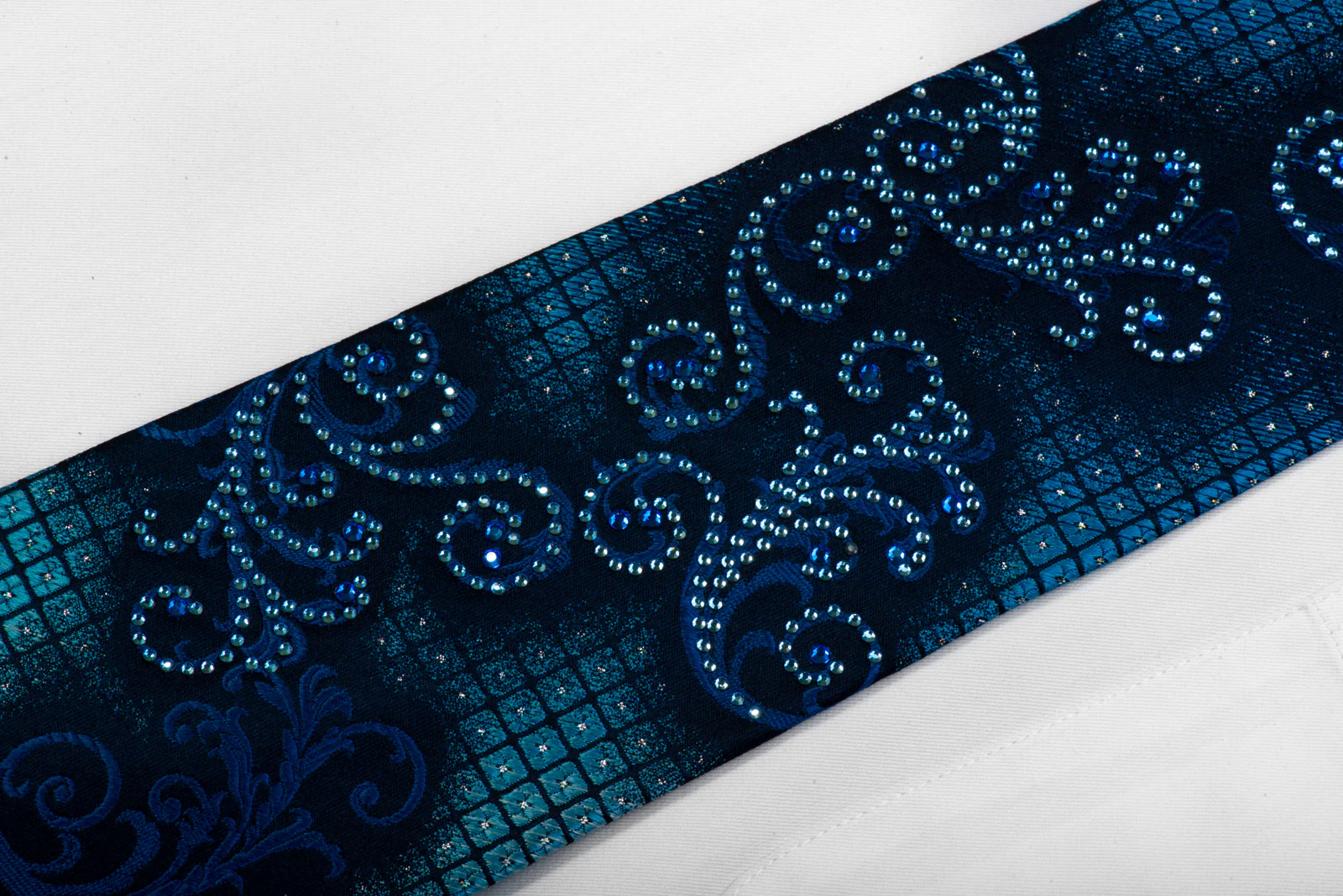 Rhinestone Silk Tie Acanthus Scrolls On Navy With Sparkles - Image 4