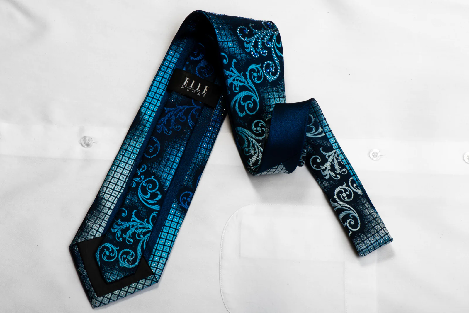 Rhinestone Silk Tie Acanthus Scrolls On Navy With Sparkles - Image 5