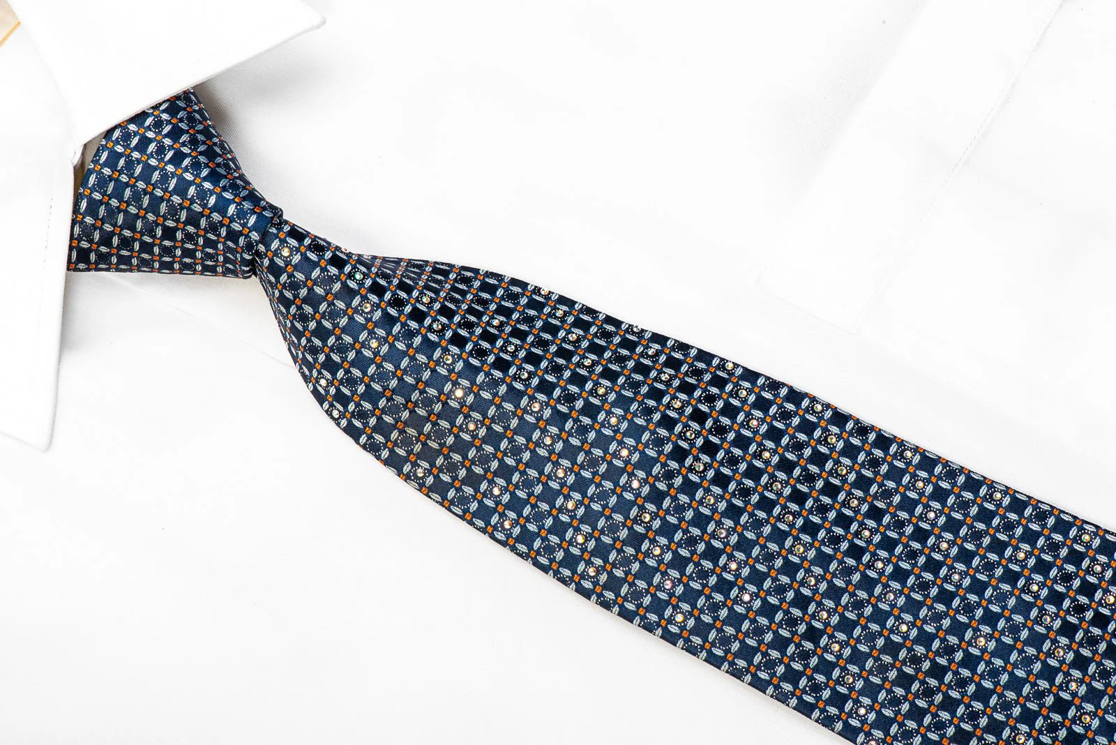 Elle Homme Rhinestone Silk Tie Trellis On Blue With Silver Sparkles - Image 2
