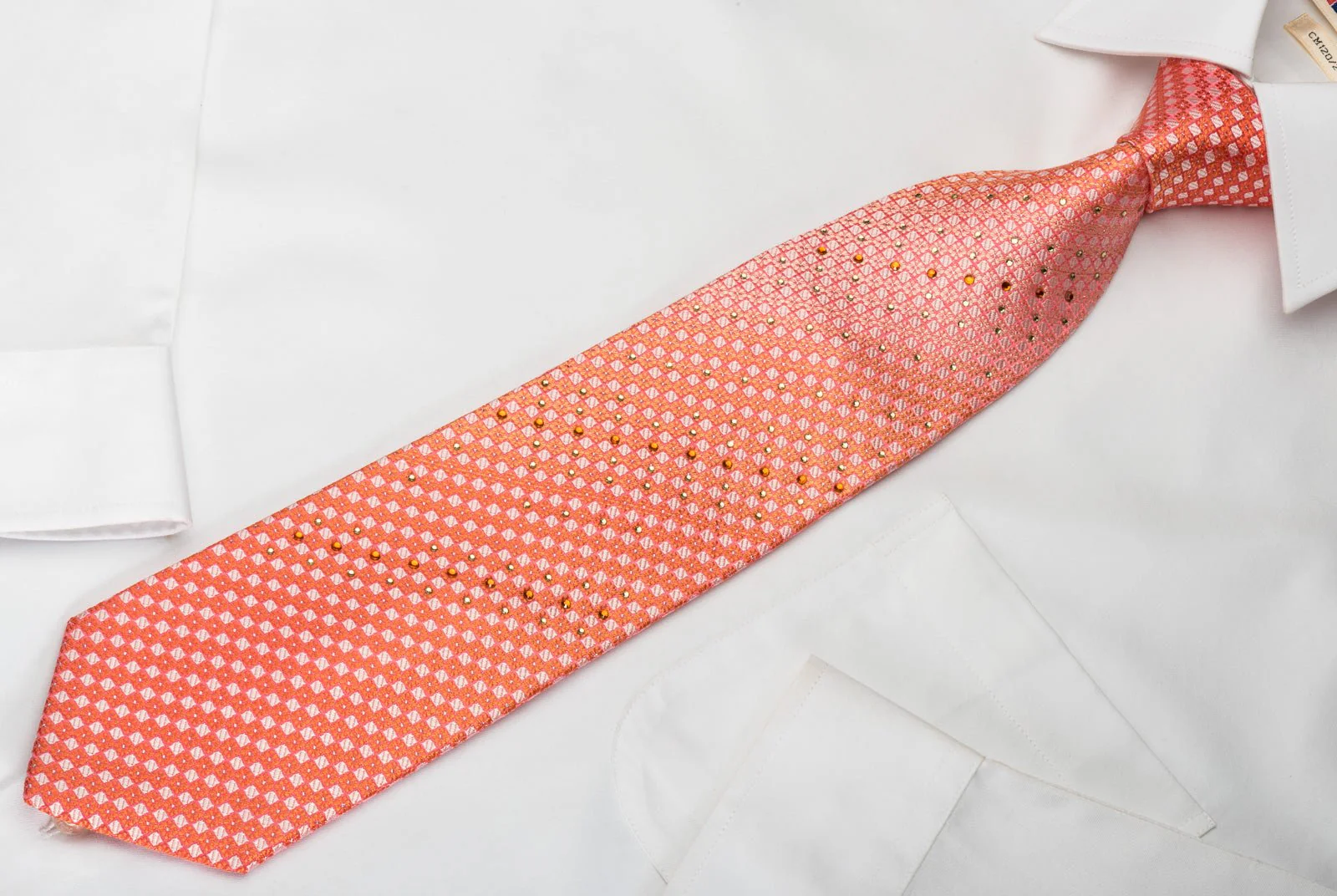 Elle Homme Rhinestone Tie Orange Checkered With Silver Sparkles - Image 4