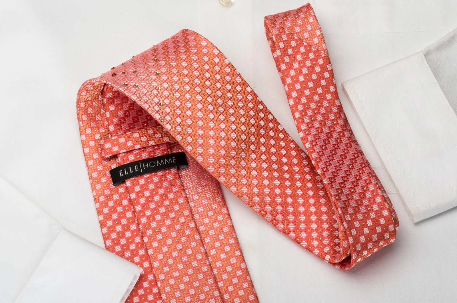 Elle Homme Rhinestone Tie Orange Checkered With Silver Sparkles - Image 6