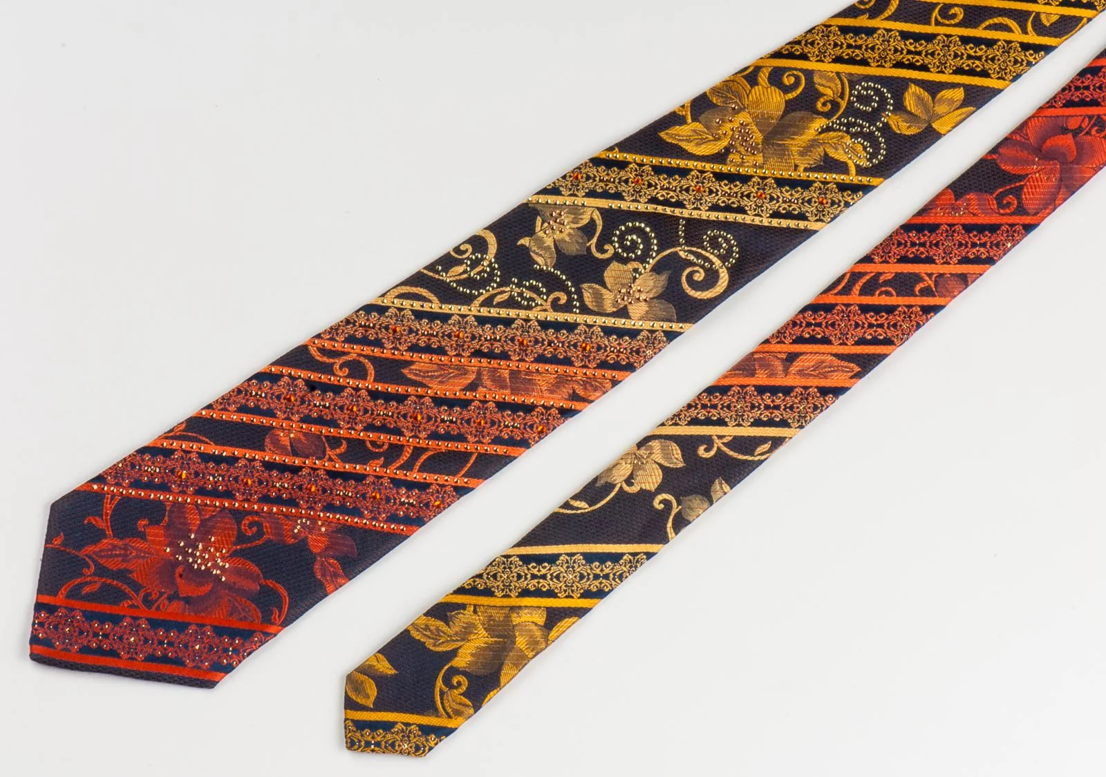Elle Homme Silk Neck Tie Golden Yellow Floral Design On Brown With Rhinestones - Image 3