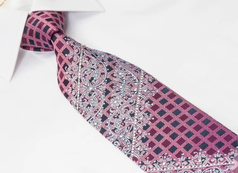 Elle Homme Silk Necktie Silver Scrolls On Burgundy With Crystal Rhinestones
