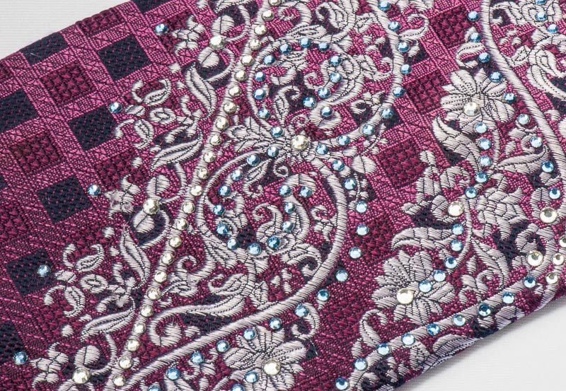 Elle Homme Silk Necktie Silver Scrolls On Burgundy With Crystal Rhinestones - Image 4