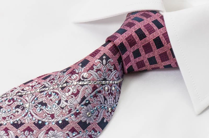 Elle Homme Silk Necktie Silver Scrolls On Burgundy With Crystal Rhinestones - Image 5