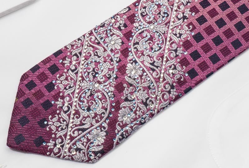 Elle Homme Silk Necktie Silver Scrolls On Burgundy With Crystal Rhinestones - Image 6