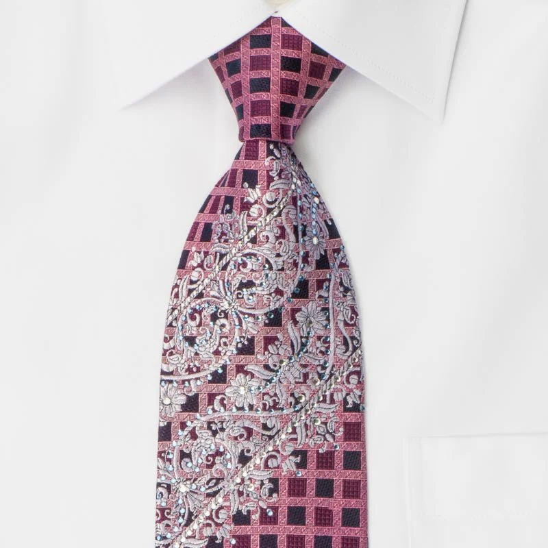Elle Homme Silk Necktie Silver Scrolls On Burgundy With Crystal Rhinestones - Image 7