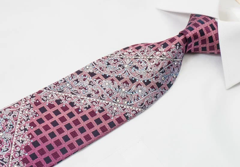 Elle Homme Silk Necktie Silver Scrolls On Burgundy With Crystal Rhinestones - Image 8
