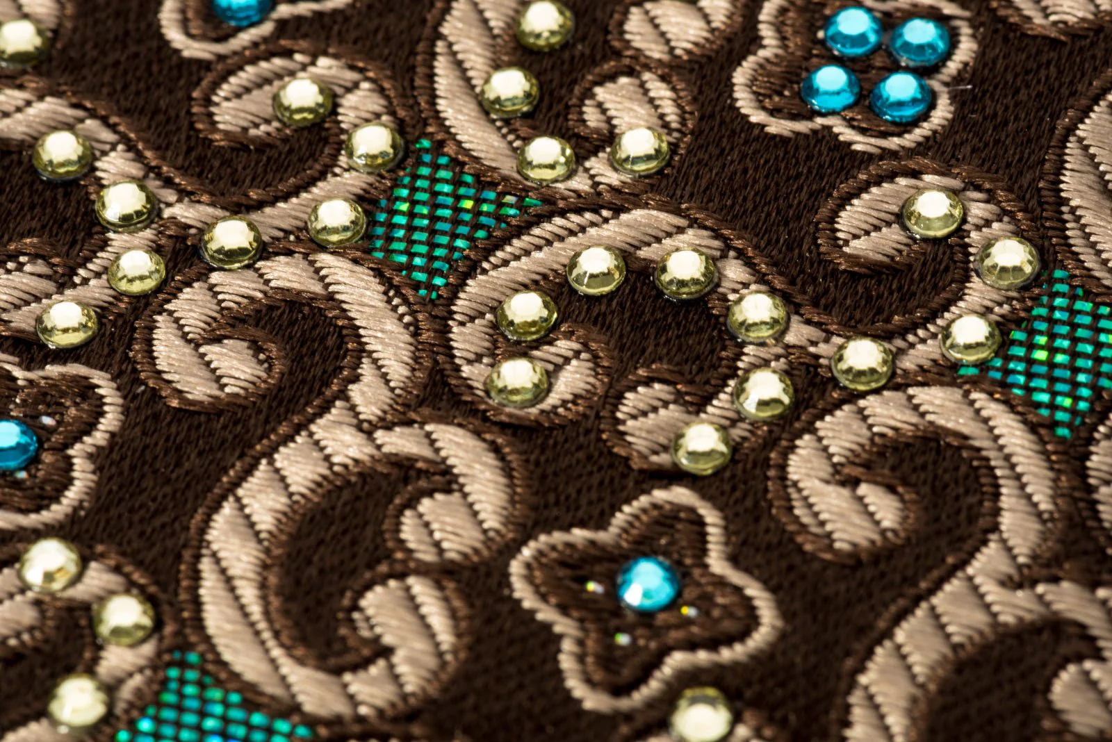 Elle Homme Silk Rhinestone Necktie Golden Scrolls On Brown With Blue Sparkles - Image 4
