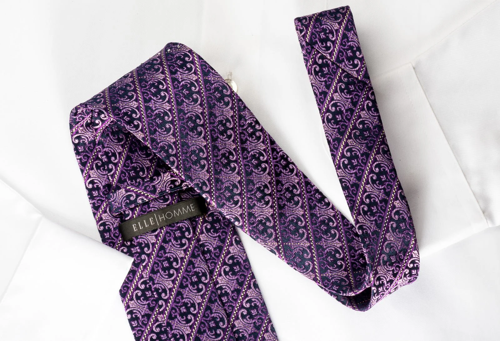 Elle Homme Silk Rhinestone Necktie Purple Striped Flur de Lis Motif With Silver Sparkles - Image 3