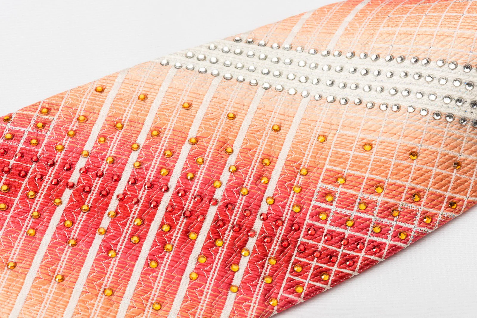 Elle Homme Silk Rhinestone Necktie White Striped On Orange With Silver Sparkles - Image 3