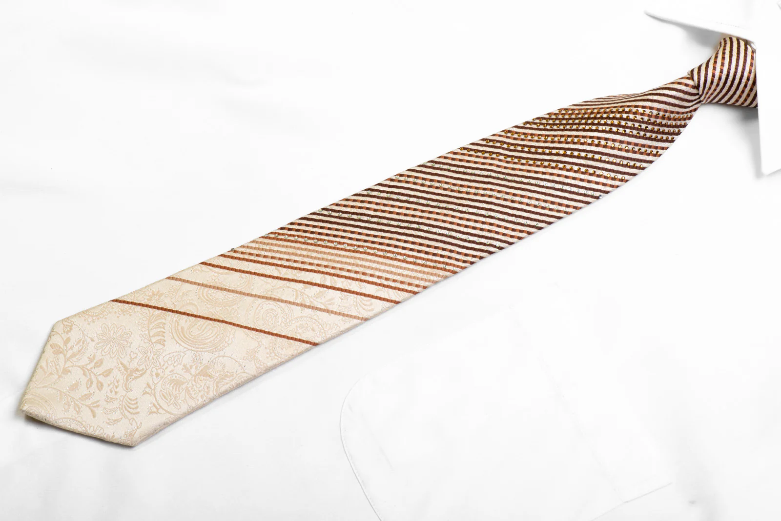 Silk Tie Brown Striped On Beige Paisley With Rhinestones - Image 3
