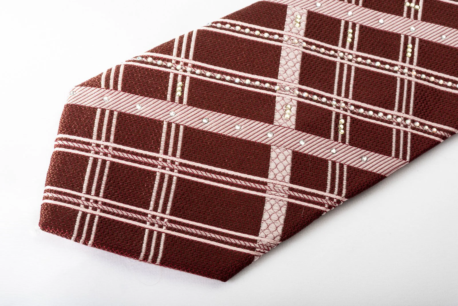 Elle Homme Silk Tie Plaid Stripes On Brown With Rhinestones - Image 3