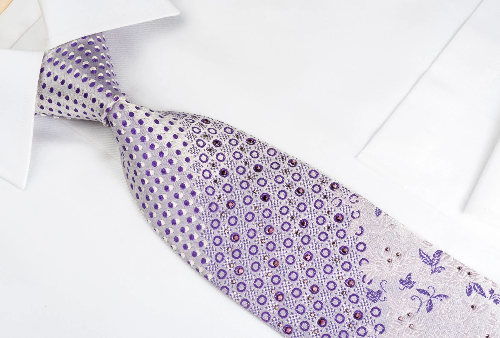 Elle Homme Silk Tie Purple Floral & Geometric On Mauve With Rhinestones - Image 5