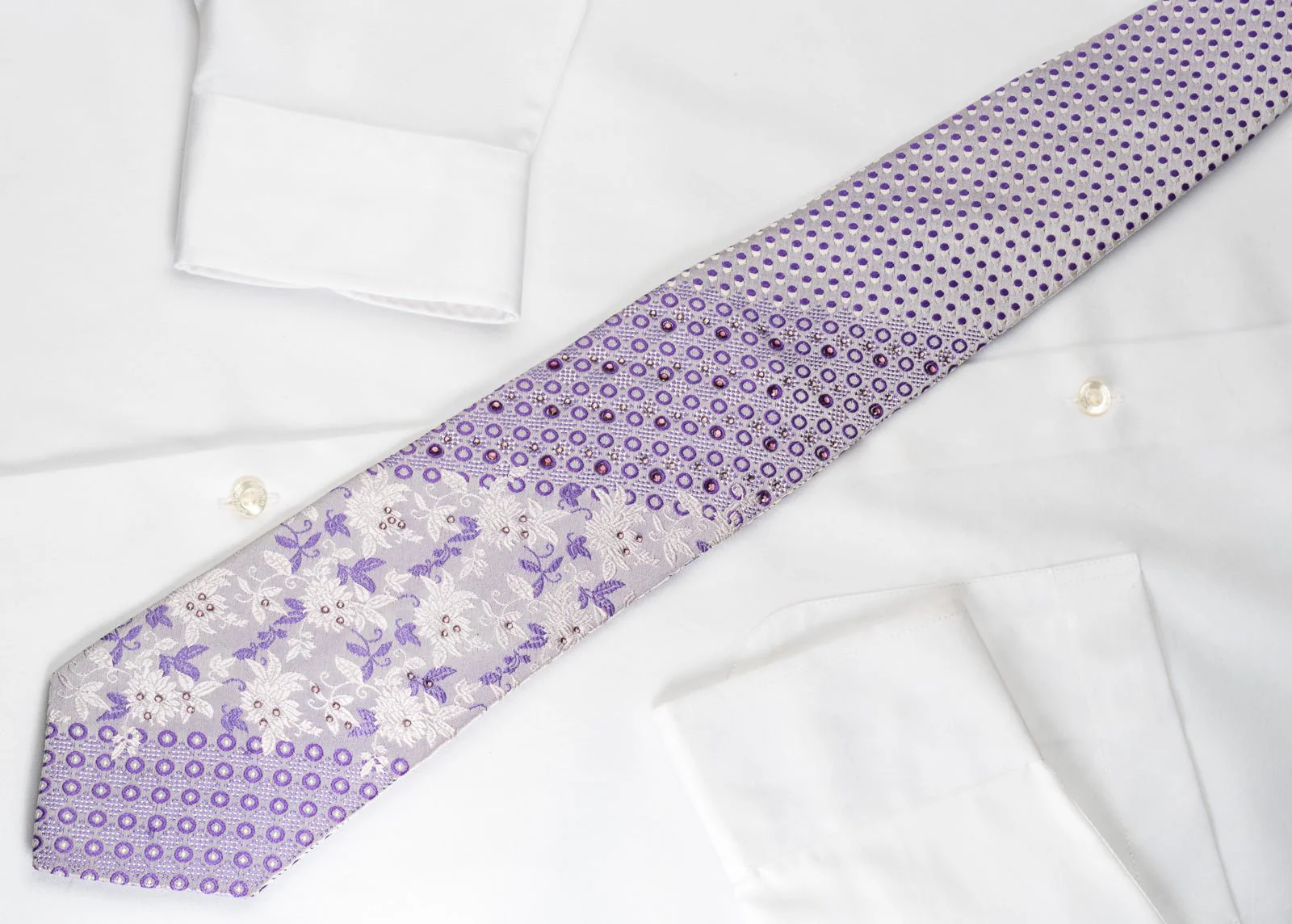 Elle Homme Silk Tie Purple Floral & Geometric On Mauve With Rhinestones - Image 6