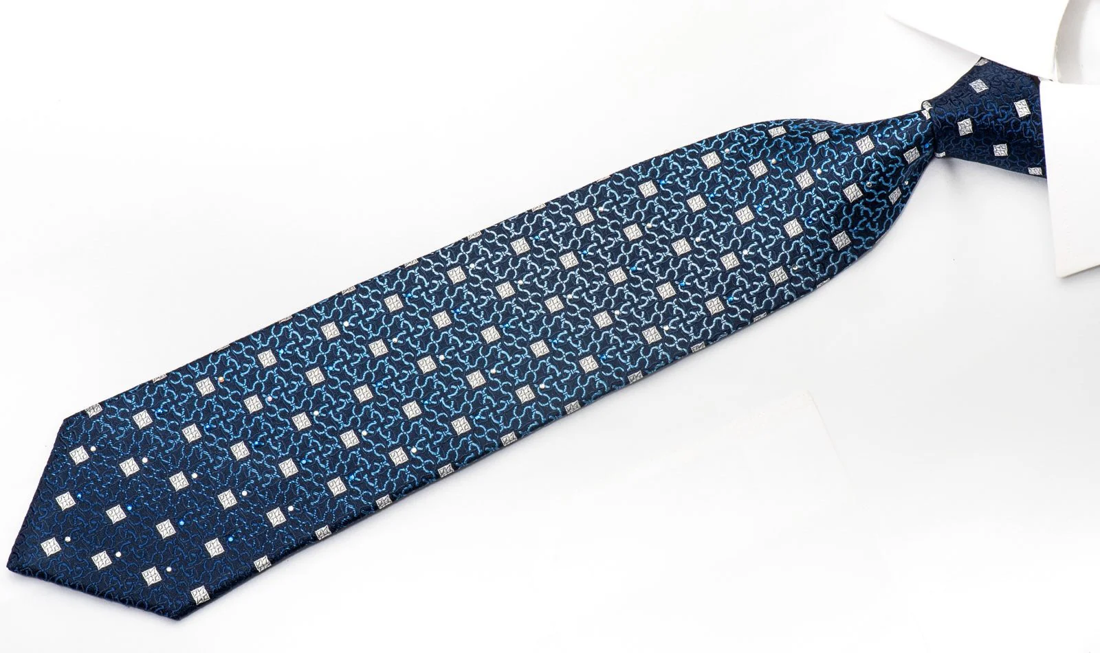 Emprise Mens Silk Necktie Geometric On Blue Sparkling With Rhinestones - Image 2