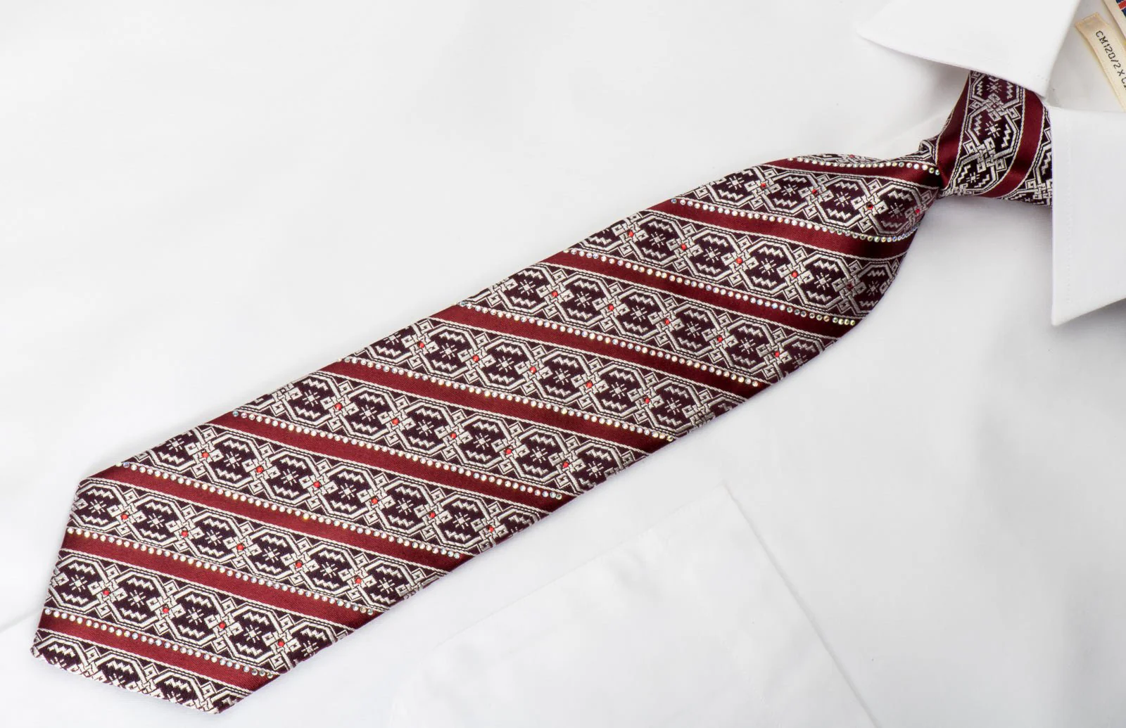 Emprise Silk Necktie Striped Rhinestones On Burgundy - Image 2