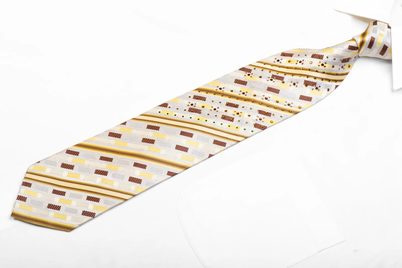 Fasion Top Rhinestone Silk Necktie Yellow Brown Striped On Cream White With Sparkles - Image 3